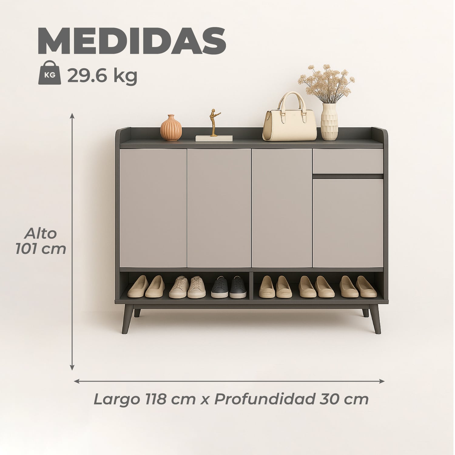 ZAPATERO BLACKEY 4 PUERTAS ORGANIZADOR ESTANTE + CAJON 118CM - 3