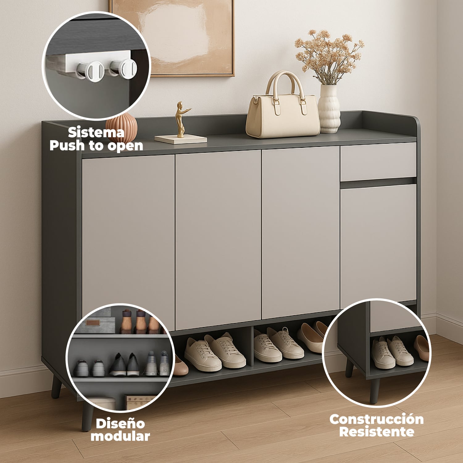 ZAPATERO BLACKEY 4 PUERTAS ORGANIZADOR ESTANTE + CAJON 118CM - 4