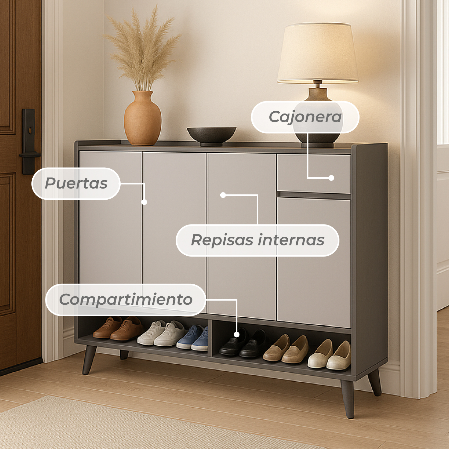 ZAPATERO BLACKEY 4 PUERTAS ORGANIZADOR ESTANTE + CAJON 118CM - 6