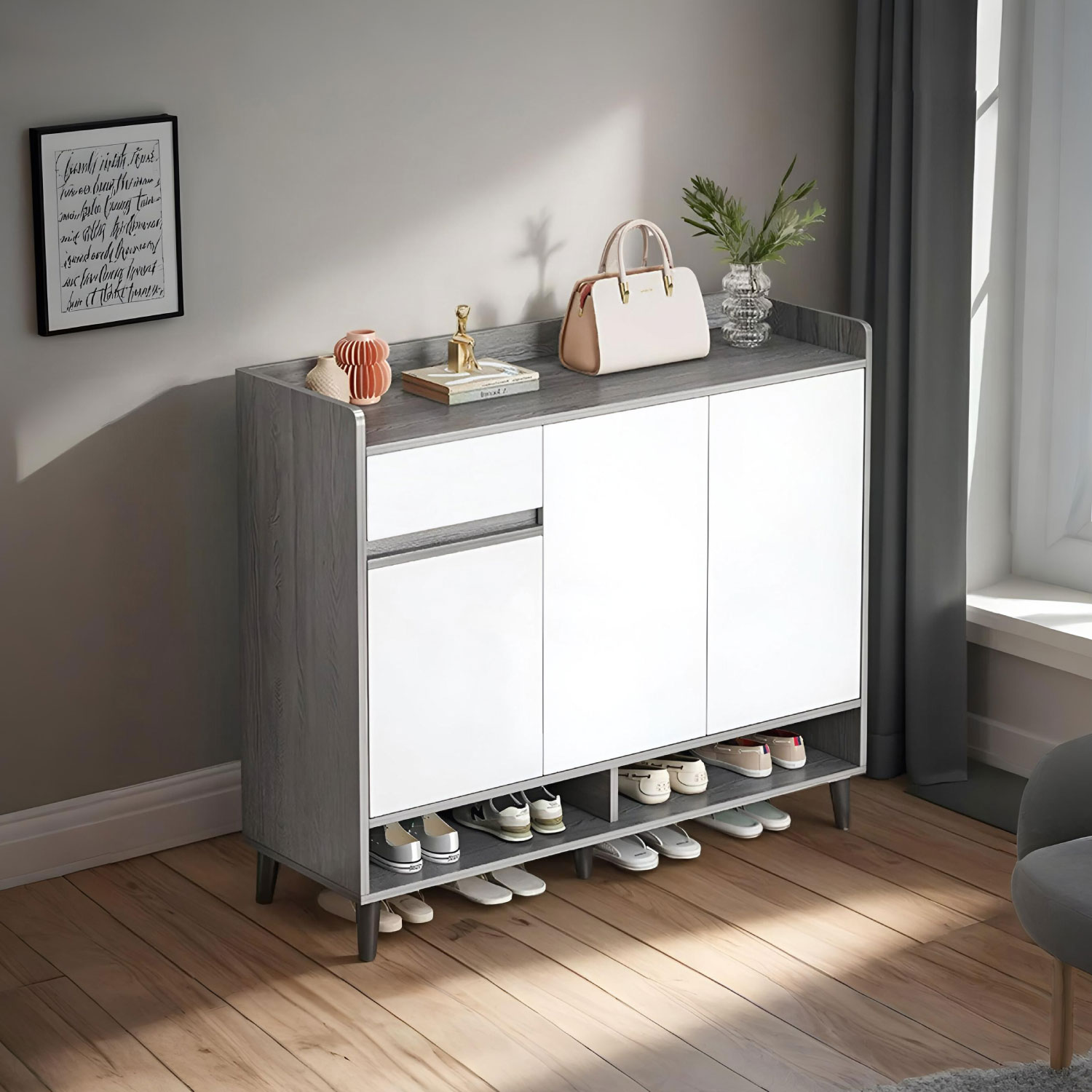 ZAPATERO GREY 3 PUERTAS CON CAJON ORGANIZADOR ESTANTE 100 CM - 2