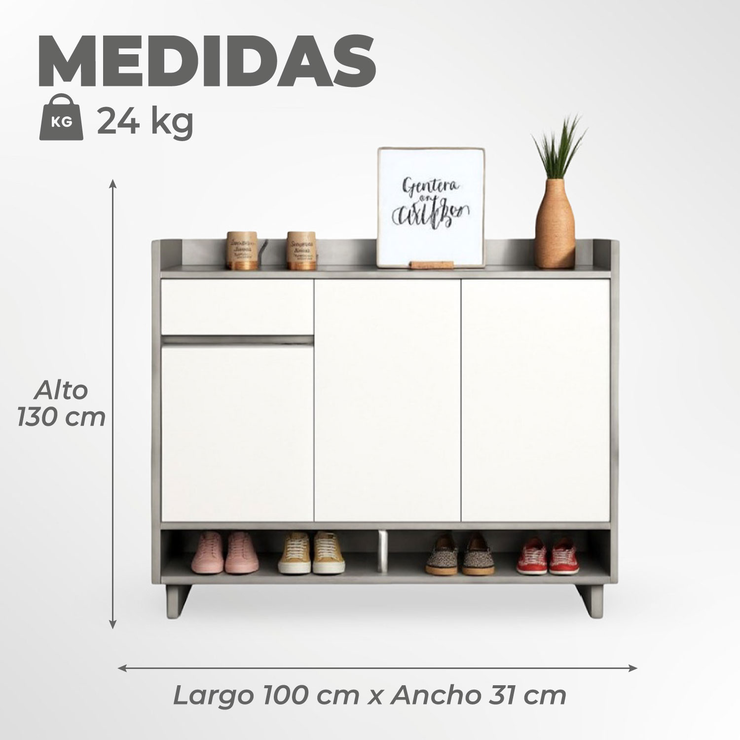 ZAPATERO GREY 3 PUERTAS CON CAJON ORGANIZADOR ESTANTE 100 CM - 3