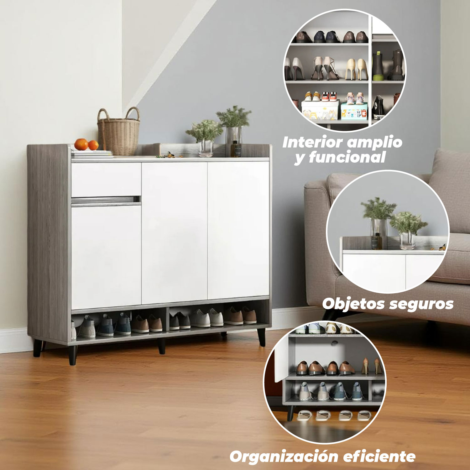 ZAPATERO GREY 3 PUERTAS CON CAJON ORGANIZADOR ESTANTE 100 CM - 4