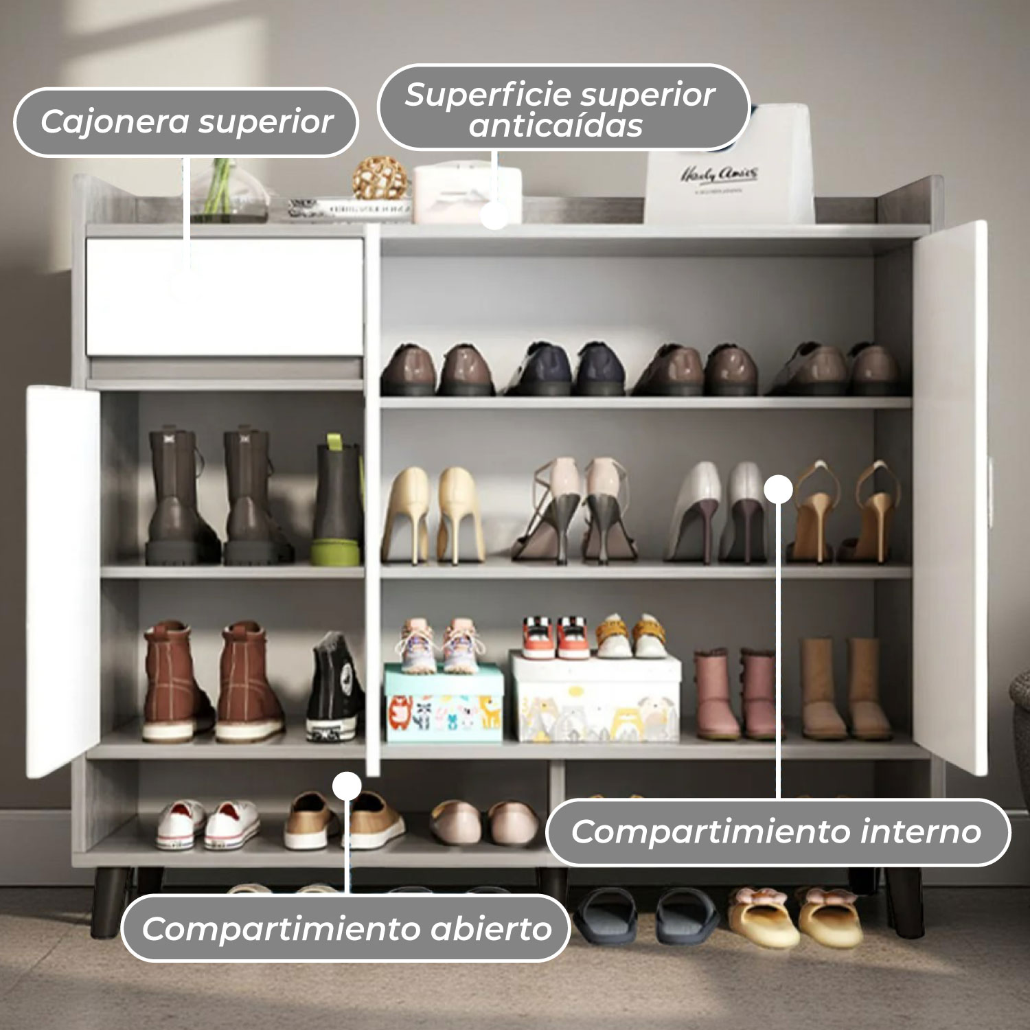 ZAPATERO GREY 3 PUERTAS CON CAJON ORGANIZADOR ESTANTE 100 CM - 6