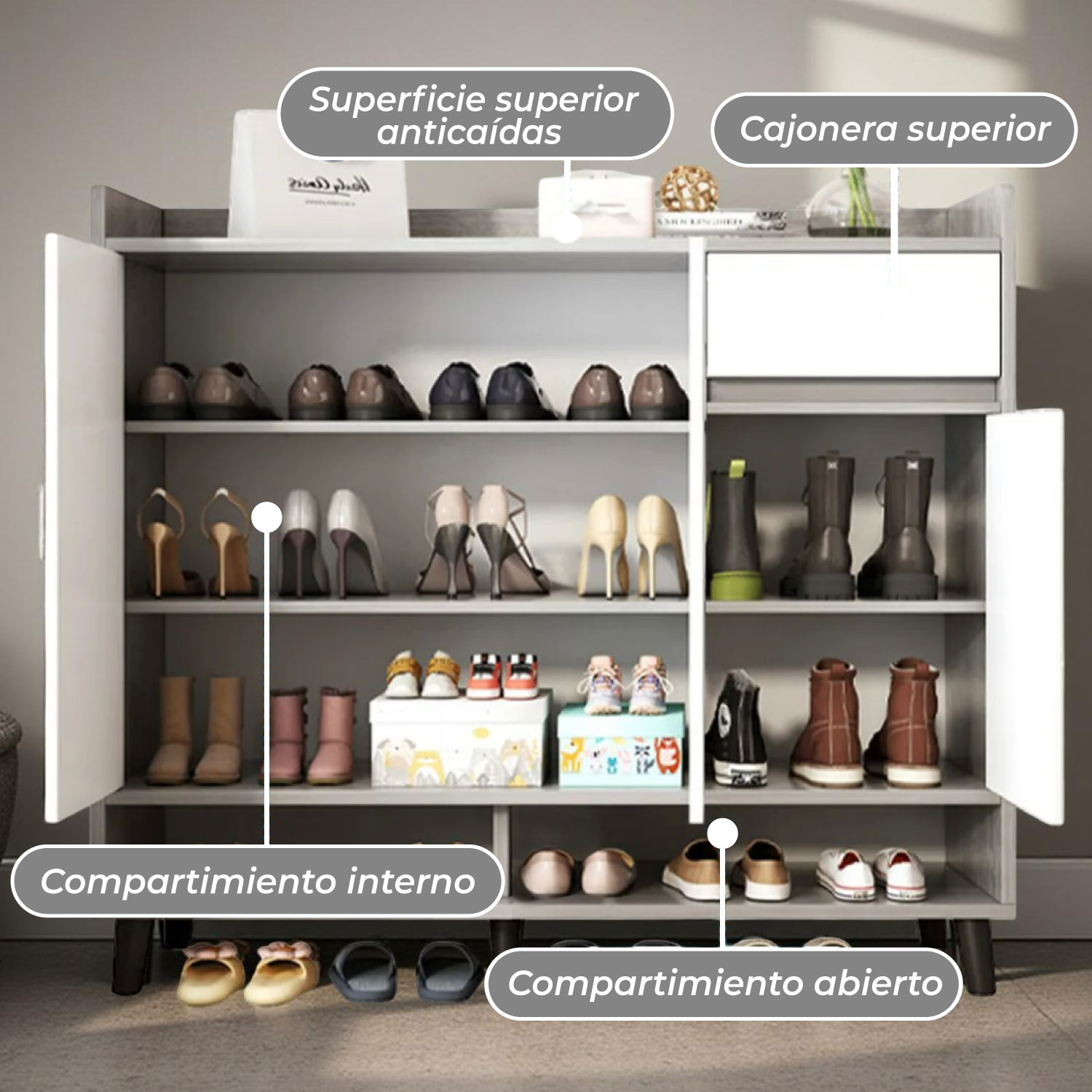 ZAPATERO SILVER 3 PUERTAS CON CAJON ORGANIZADOR ESTANTE 81CM - 6