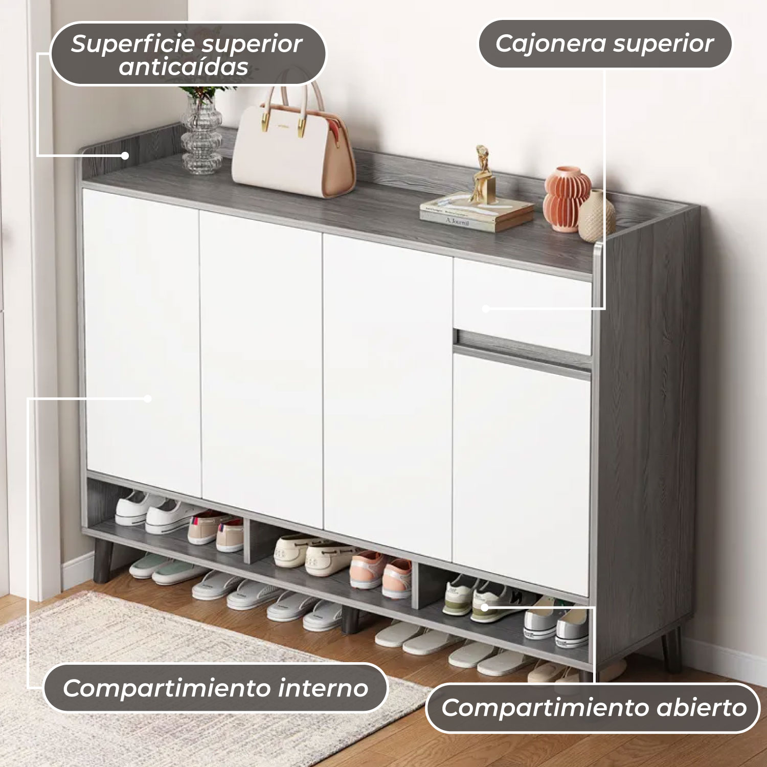 ZAPATERO SILVER 4 PUERTAS CON CAJON ORGANIZADOR ESTANTE 120CM - 6