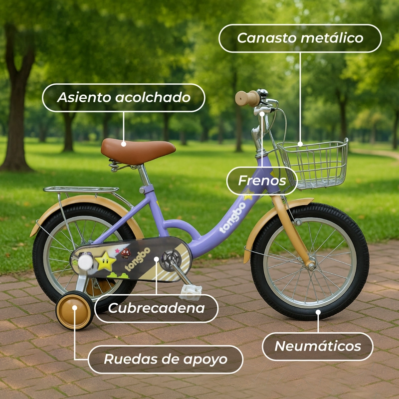 BICICLETA NIÑA INFANTIL DE PASEO LITTLE STAR RUEDITAS ARO 16 LILA - 6