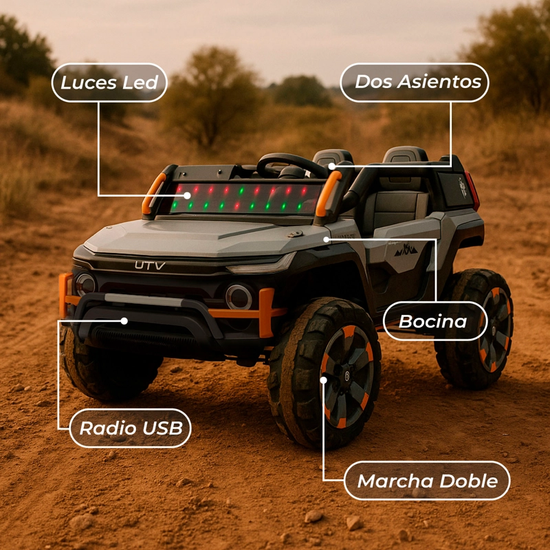 JEEP ELE CTRICO 2 NIÑOS TODO TERRENO  CON CONTROL LUCES LED Y SONIDO GRIS - 6