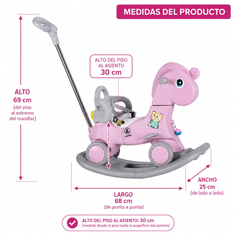 MECEDORA ANDADOR CON MANGO 2 EN 1 CABALLITO  ROSADO - 6