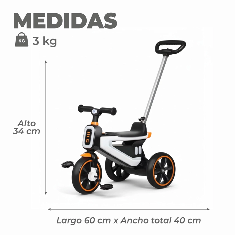 TRICICLO COCHE A PEDAL 2 EN 1 CON MANGO DESMONTABLE BLANCO - 3