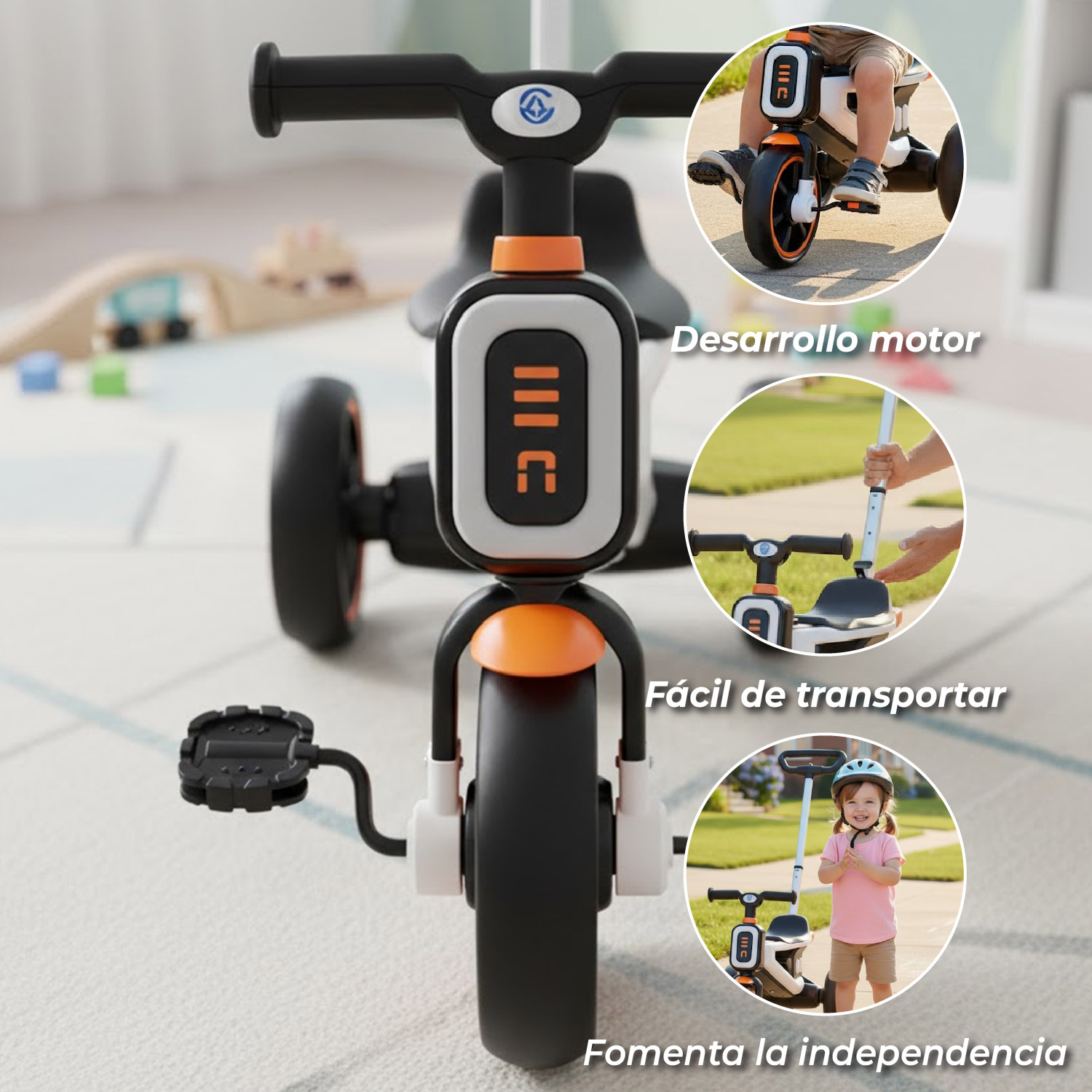 TRICICLO COCHE A PEDAL 2 EN 1 CON MANGO DESMONTABLE BLANCO - 4