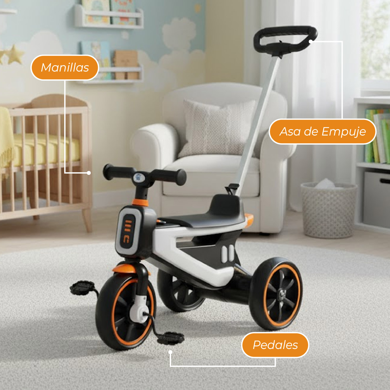 TRICICLO COCHE A PEDAL 2 EN 1 CON MANGO DESMONTABLE BLANCO - 6