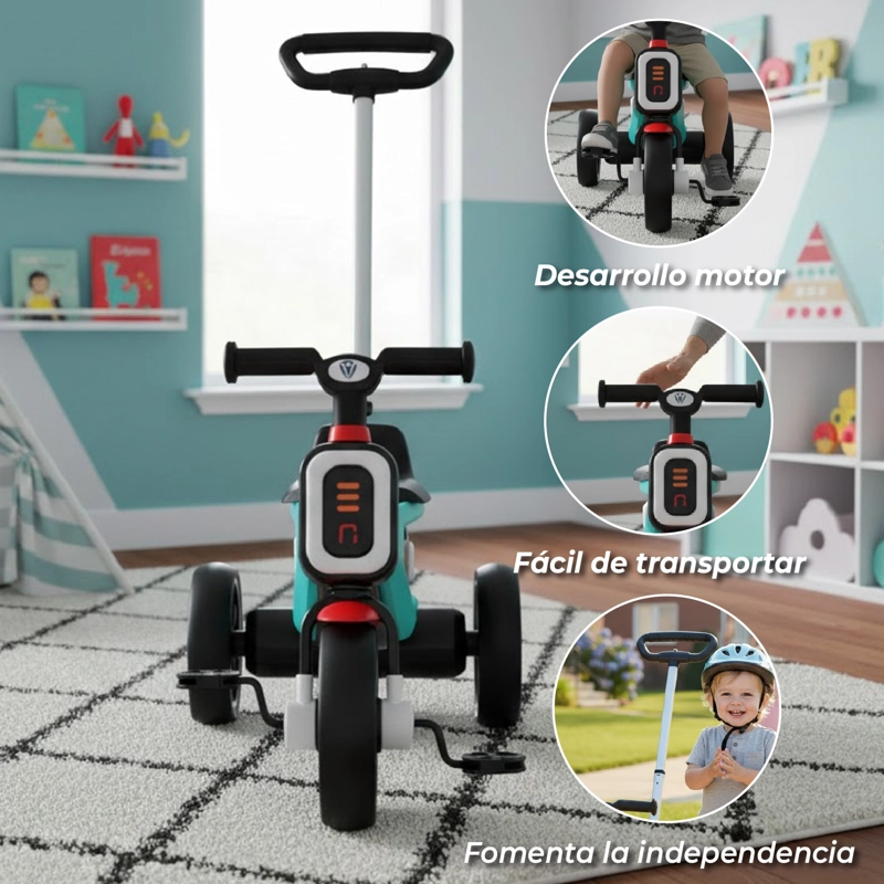 TRICICLO COCHE A PEDAL 2 EN 1 CON MANGO DESMONTABLE CELESTE - 4