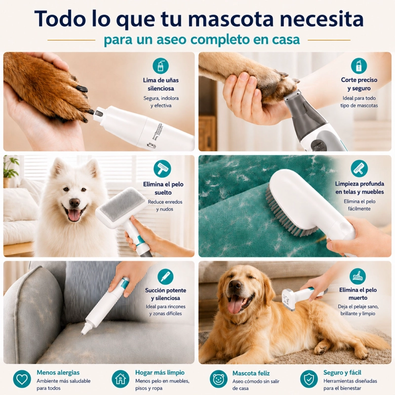 KIT DE ASEO 7 EN 1 MAQUINA CORTAPELO Y ASPIRADORA PERRO GATO - 4