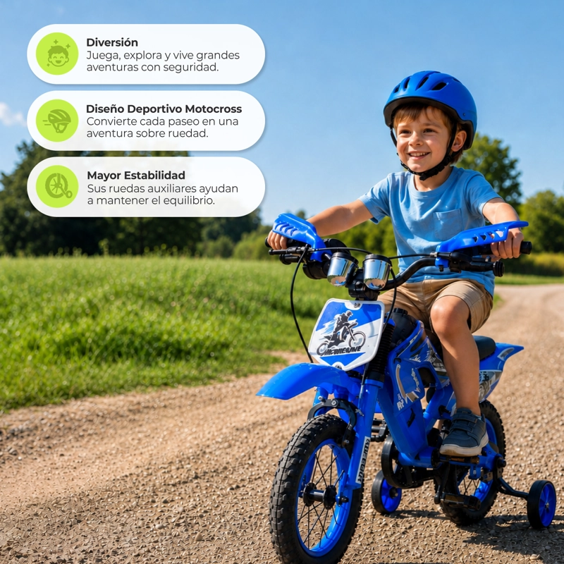 BICICLETA ARO12 BICIMOTO CON RUEDAS ESTABILIZADORAS INFANTIL AZUL - 4