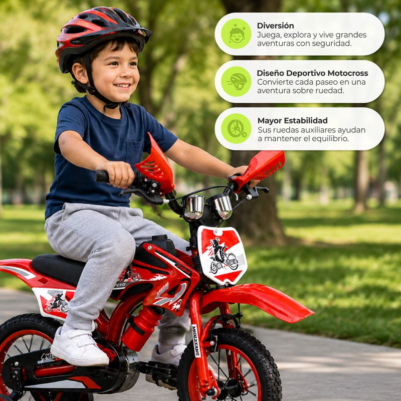 BICICLETA ARO12 BICIMOTO CON RUEDAS ESTABILIZADORAS INFANTIL ROJA - 4