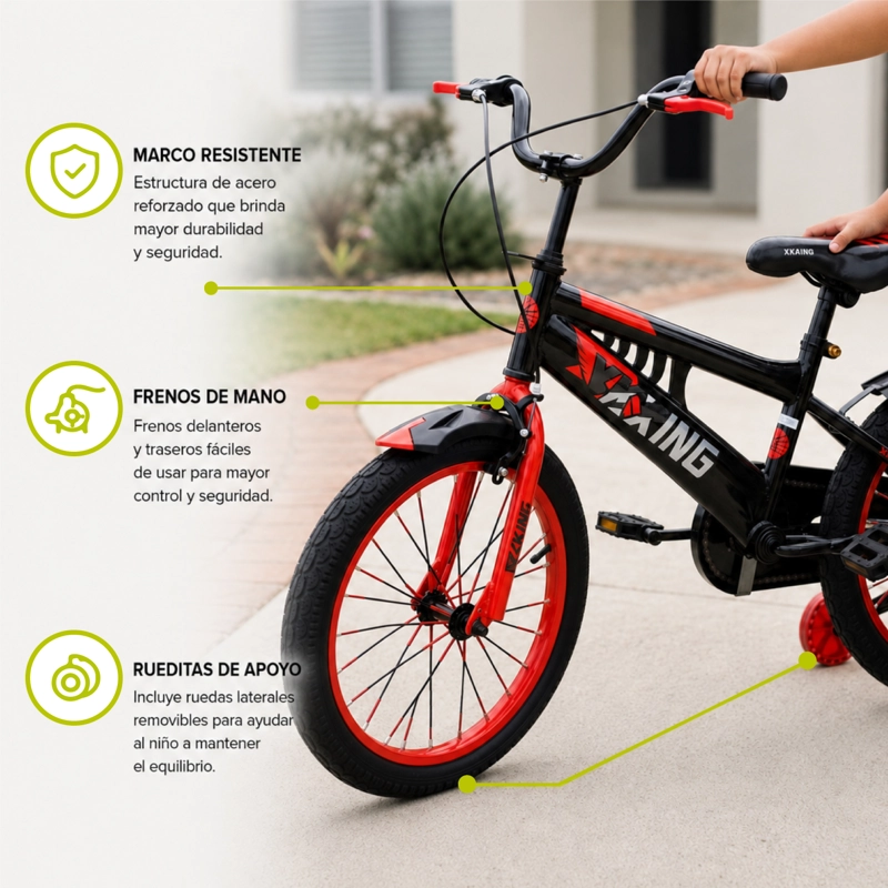 BICICLETA  BMX ARO 20' NEGRA/ROJA CON RUEDITAS DE APOYO - 4