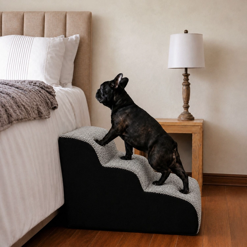 ESCALERA RAMPA PARA MASCOTAS MUNDO ONLINE 3 ESCALONES FUNDA LAVABLE NEGRO - 2