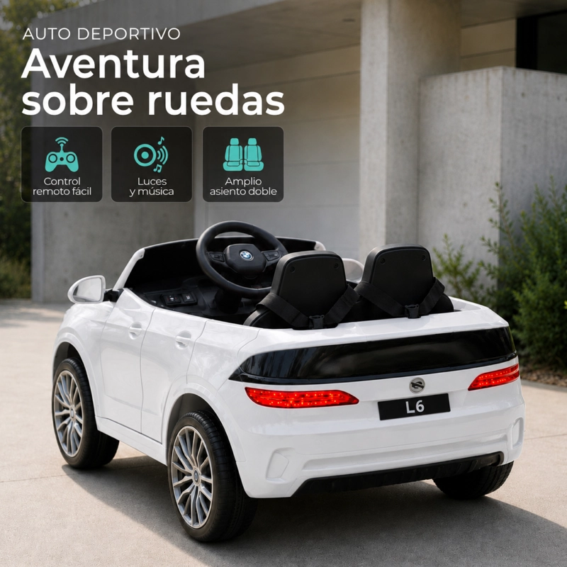 AUTO ELECTRICO INFANTIL DOBLE ASIENTO + CONTROL MUSICA LED BLANCO - 4