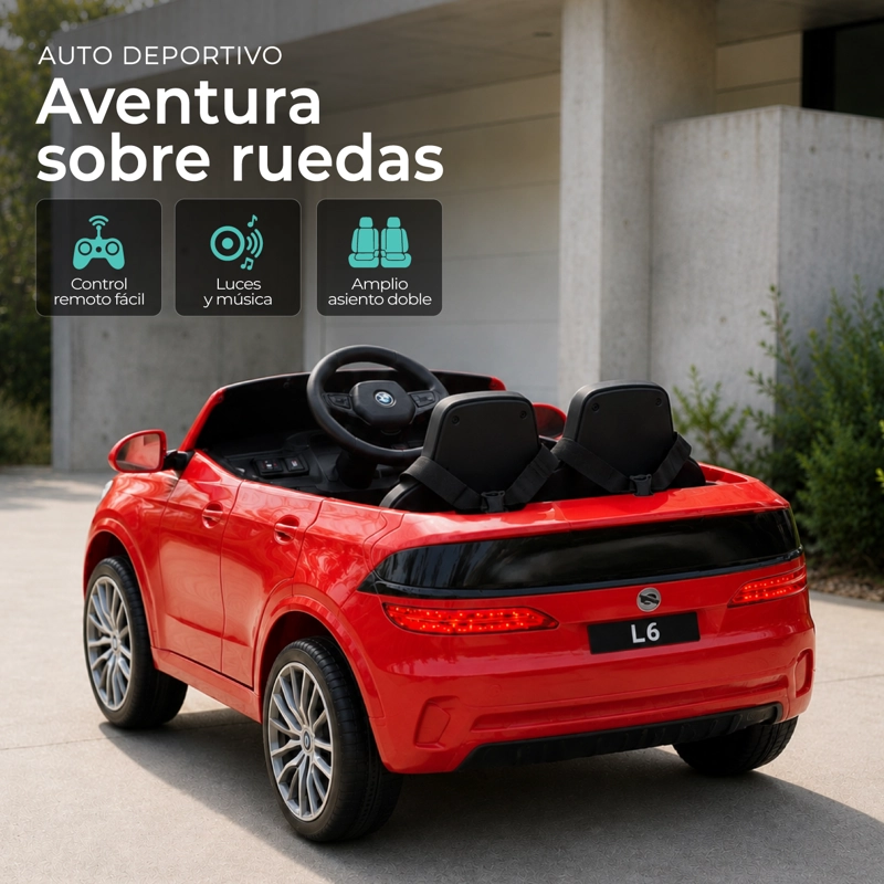 AUTO ELECTRICO INFANTIL DOBLE ASIENTO + CONTROL MUSICA LED ROJO - 4