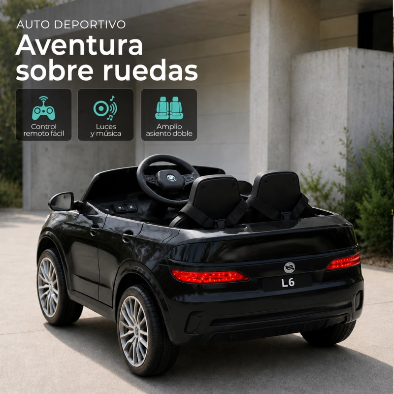 AUTO ELECTRICO INFANTIL DOBLE ASIENTO + CONTROL MUSICA LED NEGRO - 4