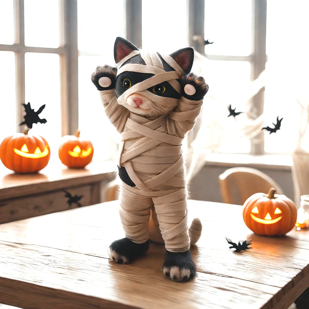 GATO MOMIA 30 CM DECORACIÓN HALLOWEEN ESTATUA F&M - 2