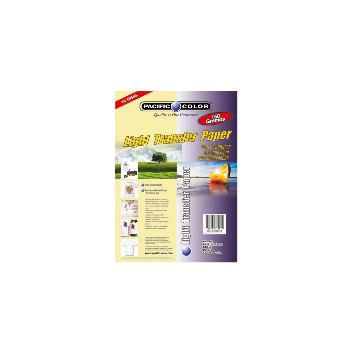 PAPEL TRANSFER PACIFIC COLOR 10 HOJAS ROPA CLARA A4 150GRS - 1