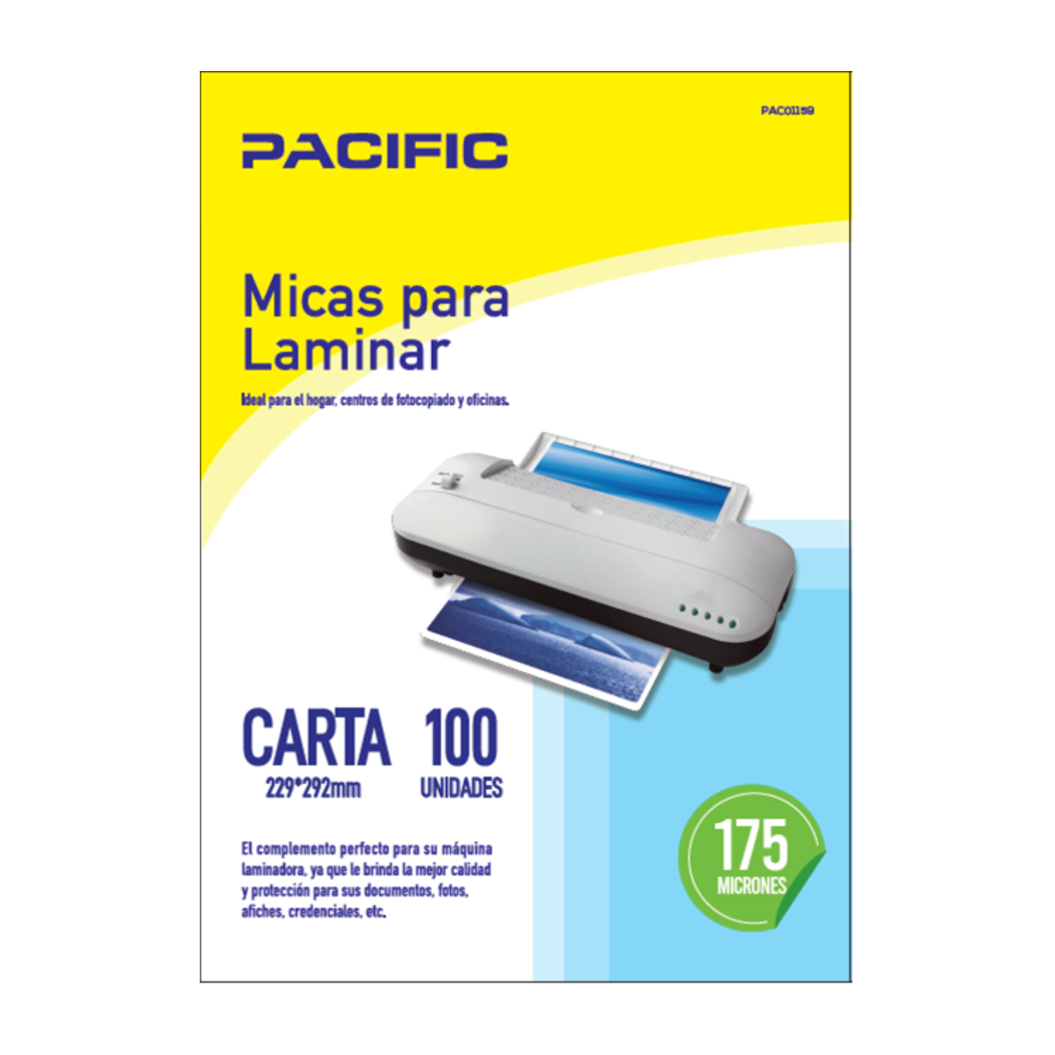 PACK X100 MICAS PARA LAMINAR PACIFIC TERMOLAMINADORA 175 MICRONES TAMAÑO CARTA - 1