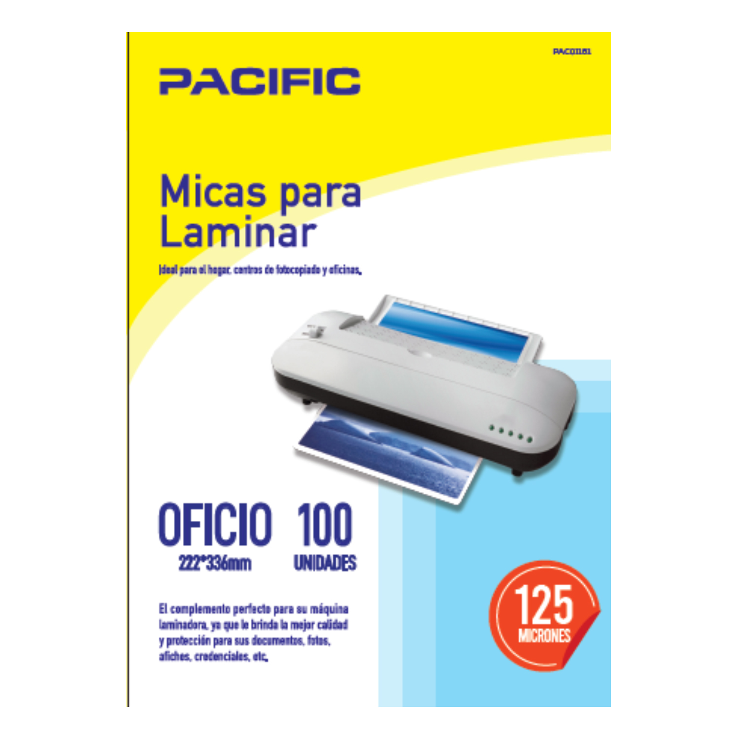 PACK X100 MICAS PARA LAMINAR PACIFIC TERMOLAMINADORA 125 MICRONES TAMAÑO OFICIO - 1
