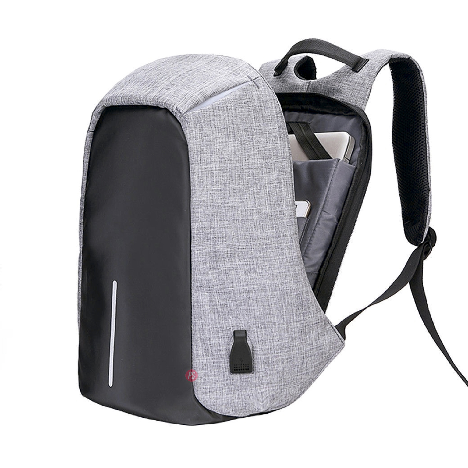MOCHILA ANTIRROBO IMPERMEABLE USB COLOR GRIS - PS - 3