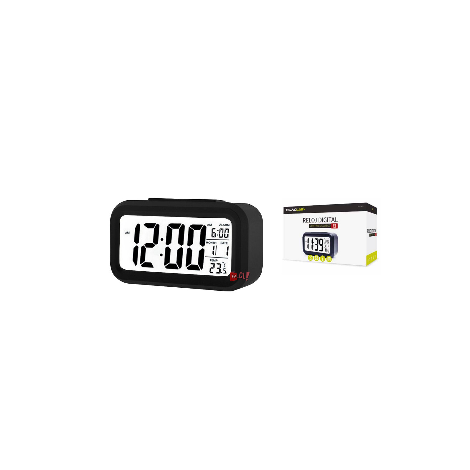 RELOJ DESPERTADOR TECNOLAB NEGRO PANTALLA LCD FECHA Y CALENDARIO - 2
