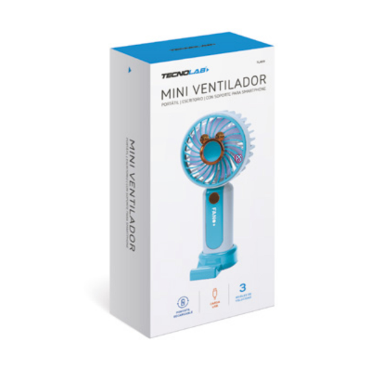 MINI VENTILADOR TECNOLAB DE MANO RECARGABLE CON USB AZUL PS - 3