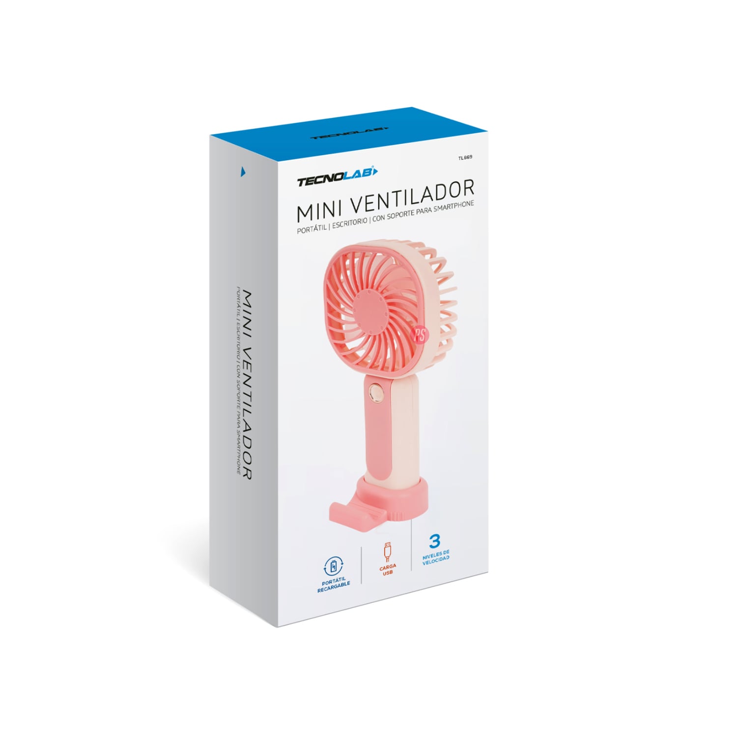 MINI VENTILADOR TECNOLAB DE MANO RECARGABLE CON USB ROSA PS - 5