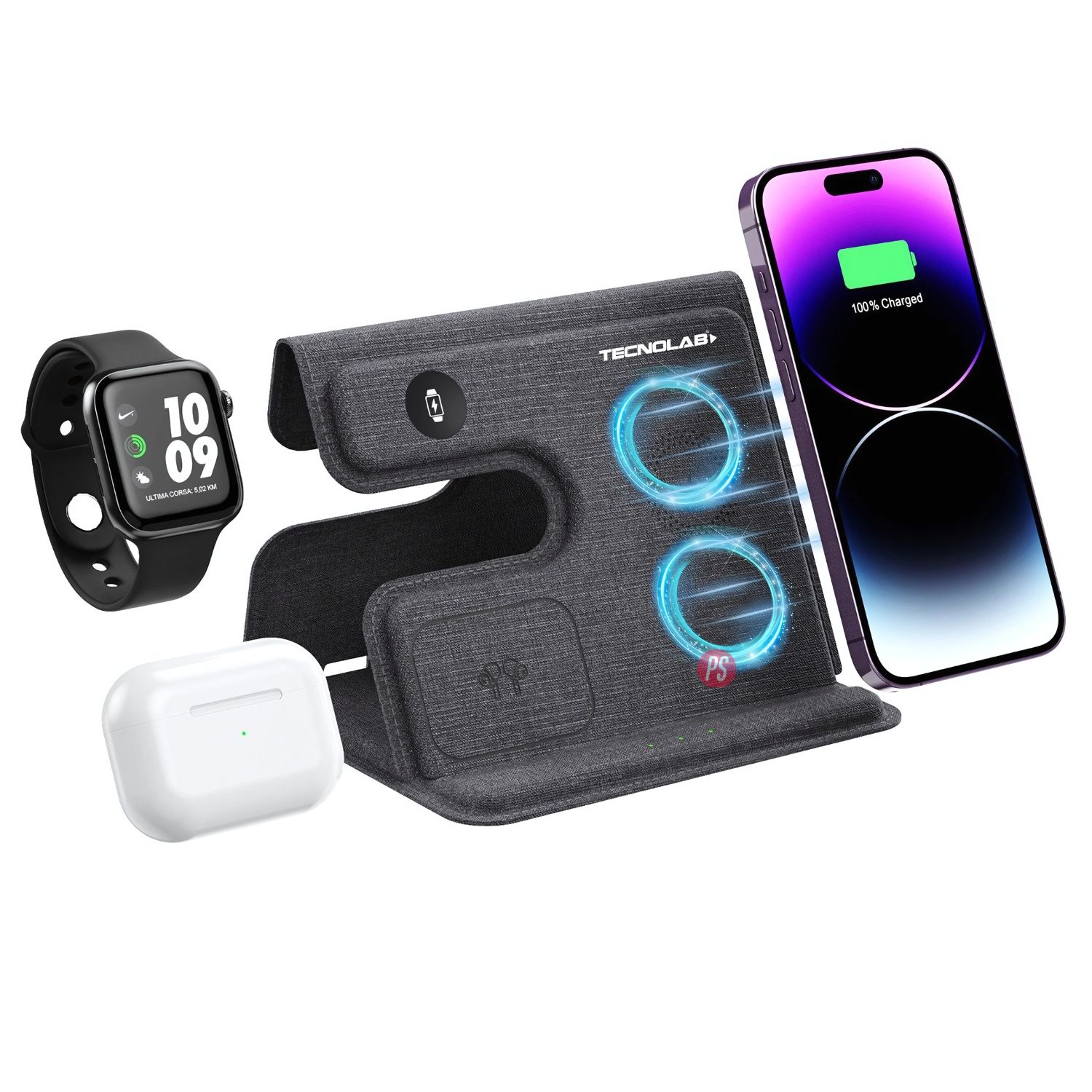 CARGADOR INALÁMBRICO QI PLEGABLE 3 EN 1 CARGA RÁPIDA - PS - 2