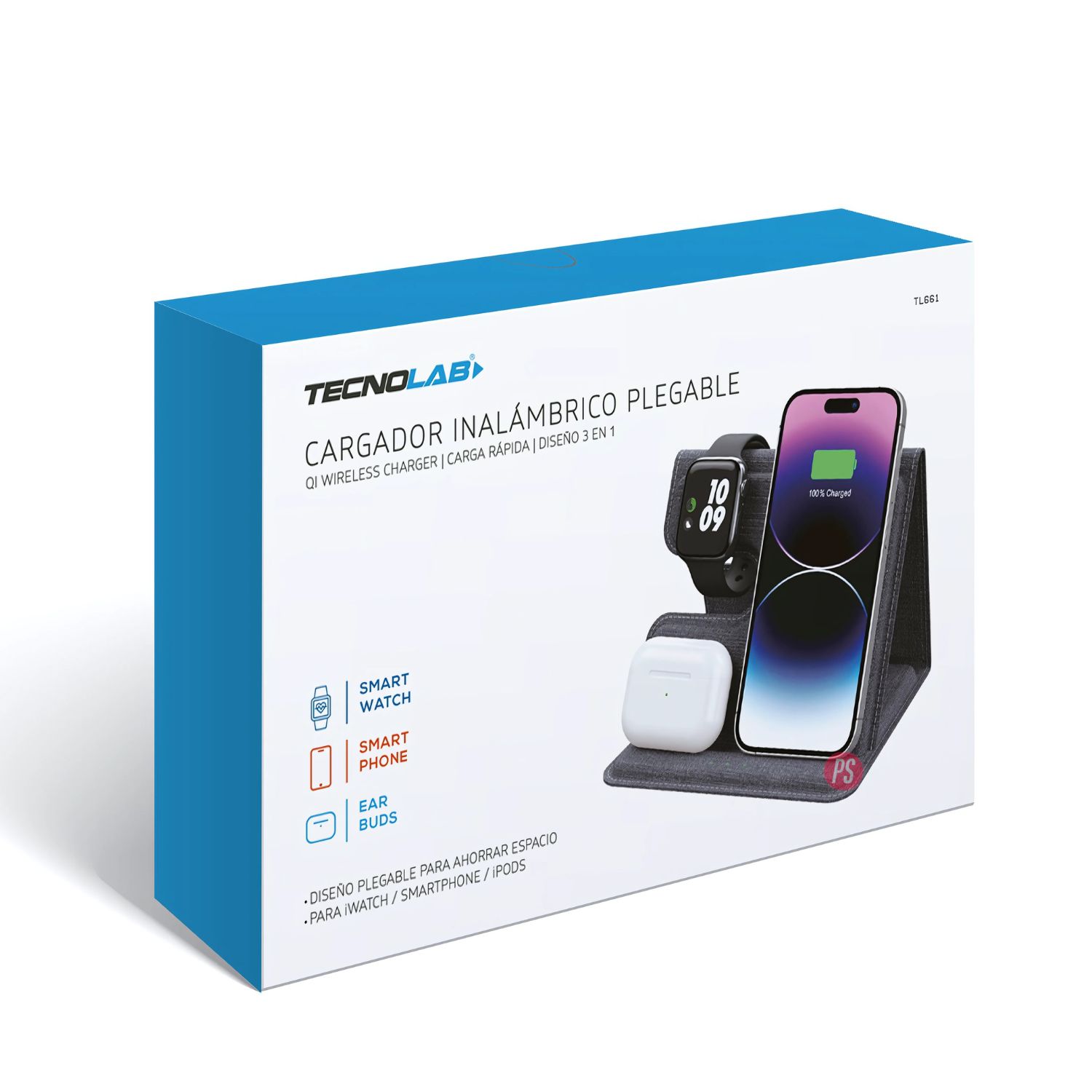 CARGADOR INALÁMBRICO QI PLEGABLE 3 EN 1 CARGA RÁPIDA - PS - 3
