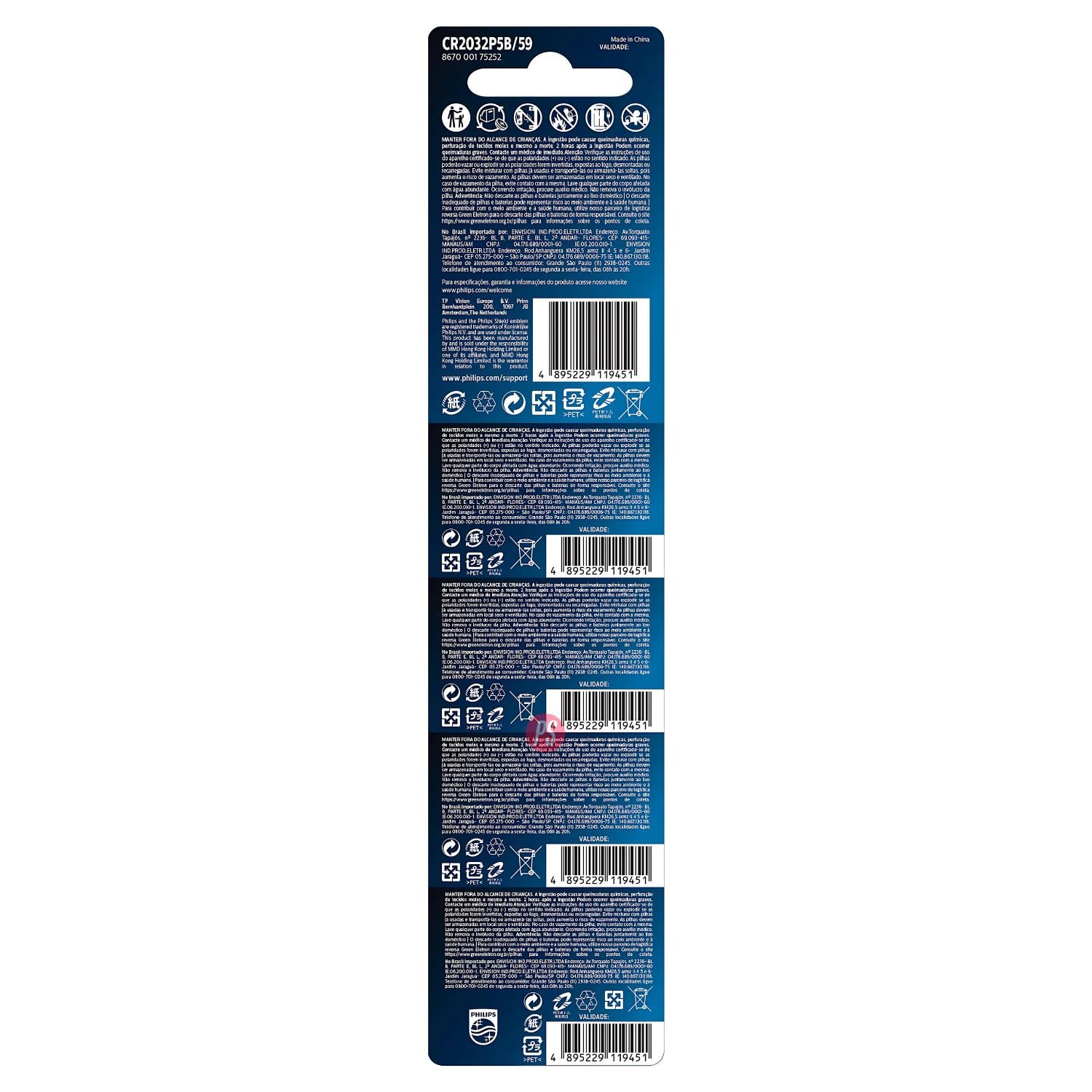 5 PILAS CR2032 LITIO 3V PHILIPS - PS - 3