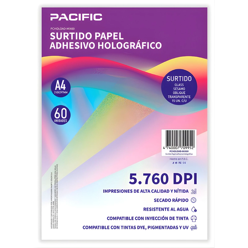 PAPEL ADHESIVO HOLOGRAFICO 60 HOJAS SURTIDO A4 - PS - 1