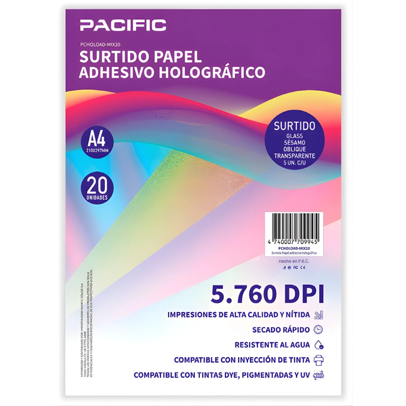 PAPEL ADHESIVO HOLOGRAFICO 20 HOJAS SURTIDO A4 - PS - 1
