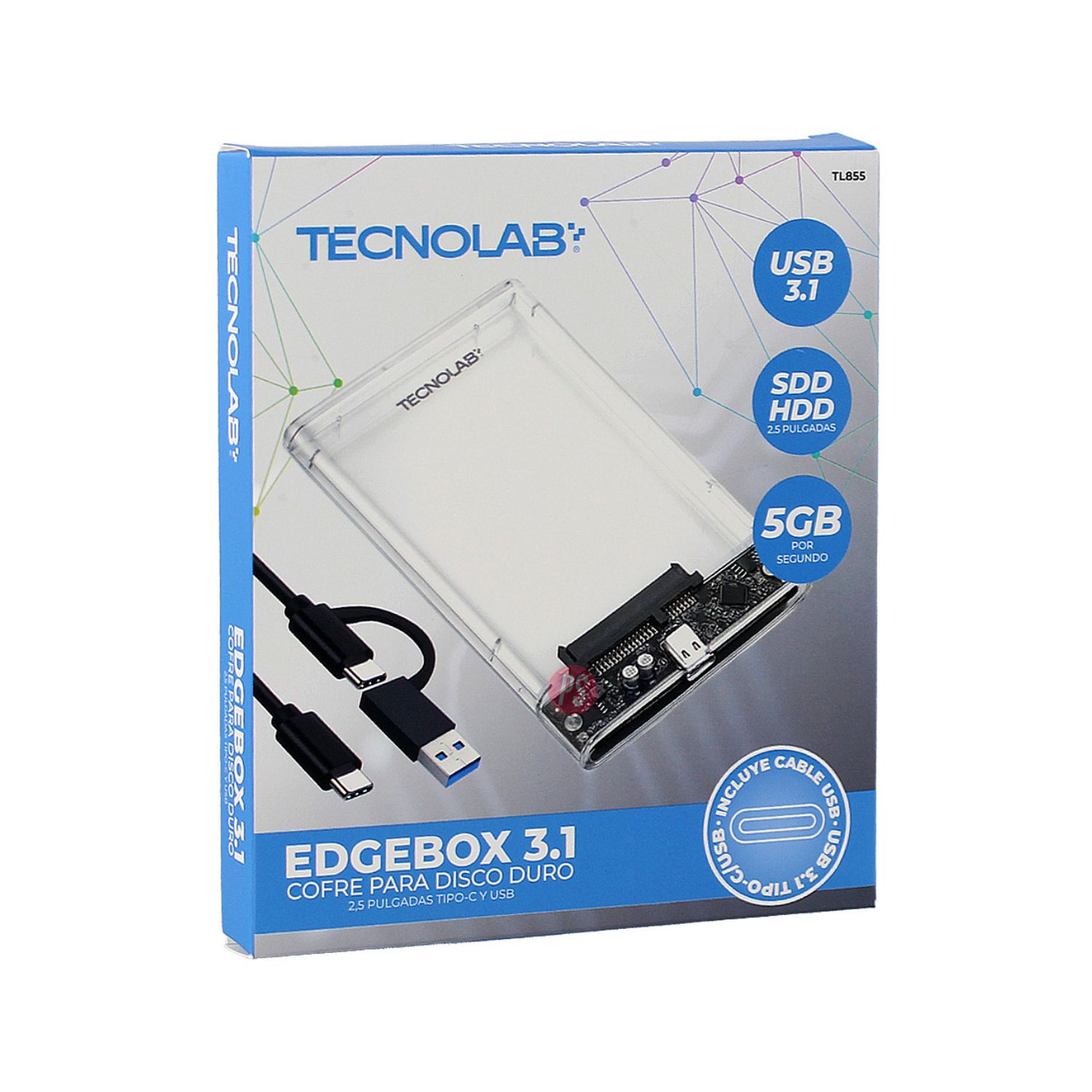COFRE DISCO DURO 2.5 PULGADAS USB-C 5GBPS TRANSPARENTE - PS - 3