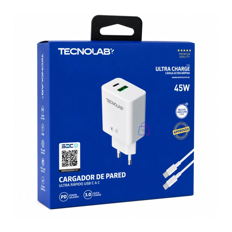 CARGADOR RAPIDO PD 45W QC 3.0 USB-C CON CABLE - PS - 4