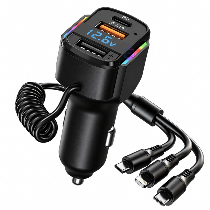 CARGADOR AUTO RGB USB PD 36/65W CABLE 3 EN 1 - PS - 5