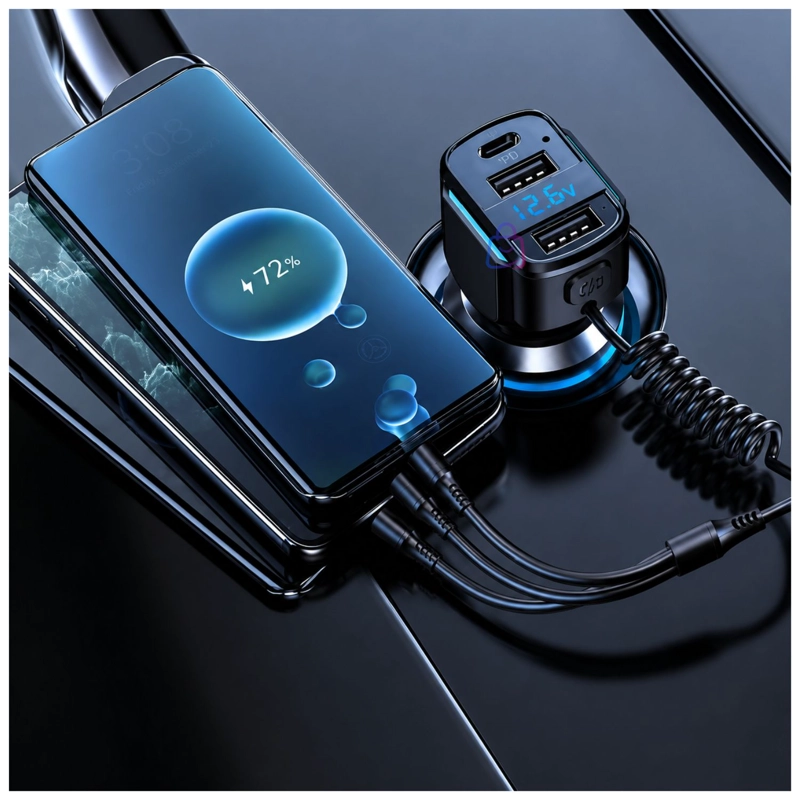 CARGADOR AUTO RGB USB PD 36/65W CABLE 3 EN 1 - PS - 2