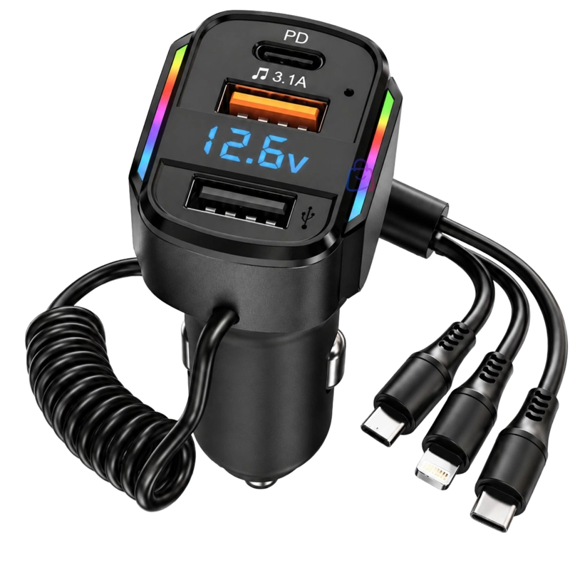 CARGADOR AUTO RGB USB PD 36/65W CABLE 3 EN 1 - PS - 3