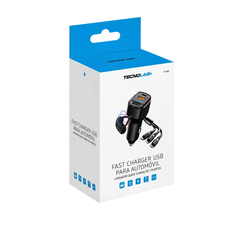 CARGADOR AUTO RGB USB PD 36/65W CABLE 3 EN 1 - PS - 4