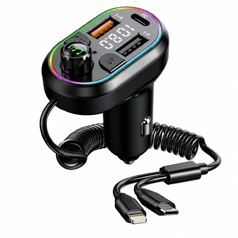 CARGADOR AUTO BLUETOOTH 5 FM RGB PD25W 3 PUERTOS - PS - 1