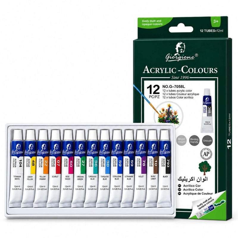SET PINTURA ACRILICA 12 COLORES 12ML ESCOLAR NO TOXICA - PS - 1