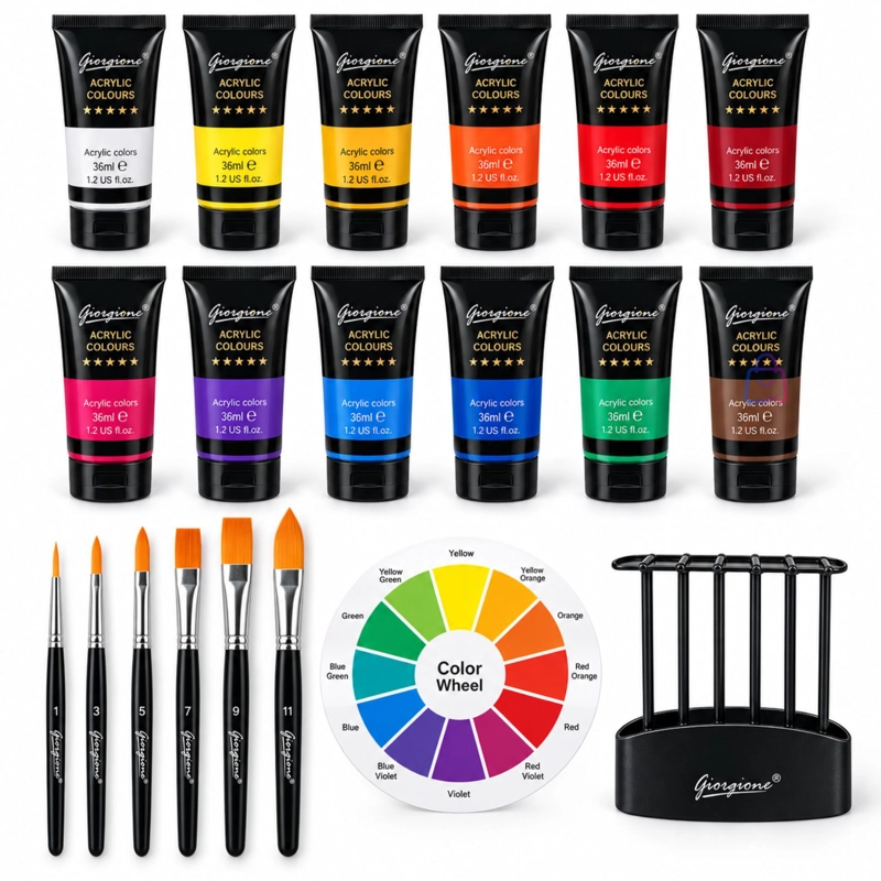 SET PINTURA ACRILICA 12 COLORES 36ML 6 PINCELES ARTE - PS - 2