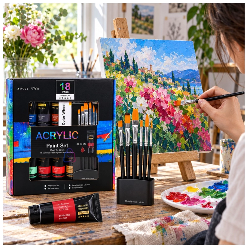 SET PINTURA ACRILICA 12 COLORES 36ML 6 PINCELES ARTE - PS - 3