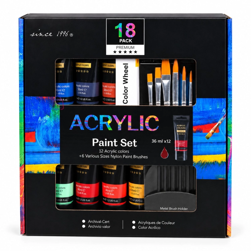 SET PINTURA ACRILICA 12 COLORES 36ML 6 PINCELES ARTE - PS - 4