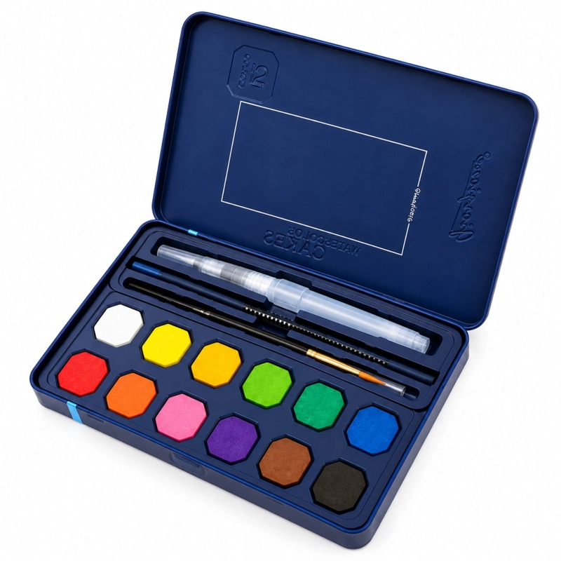 SET ACUARELAS 12 COLORES PASTILLA ESTUCHE CON PINCELES - PS - 1