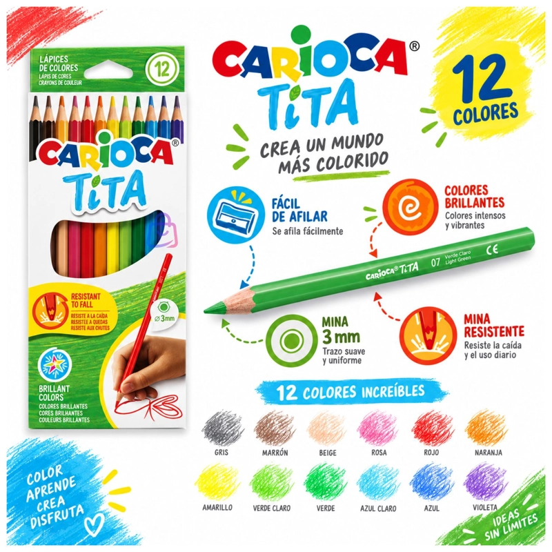 LAPICES DE COLORES CARIOCA TITA 12 RESISTENTES LAVABLES - PS - 2
